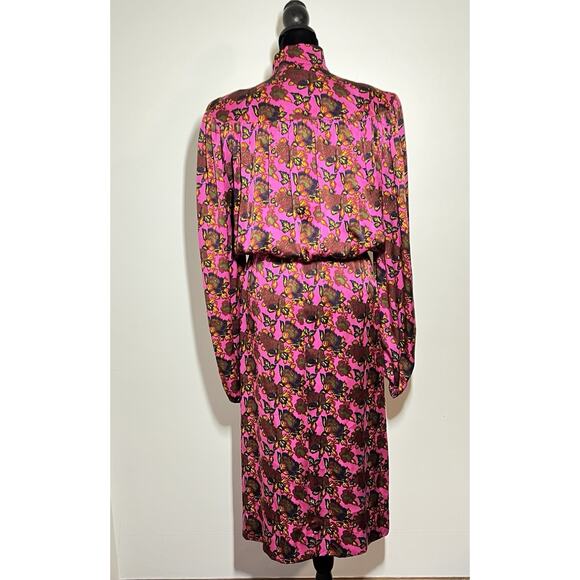 VTG Michel Goma Saks Vibrant Pink Floral Silk Long Slv Dress France 42 US M/L - Picture 9 of 11